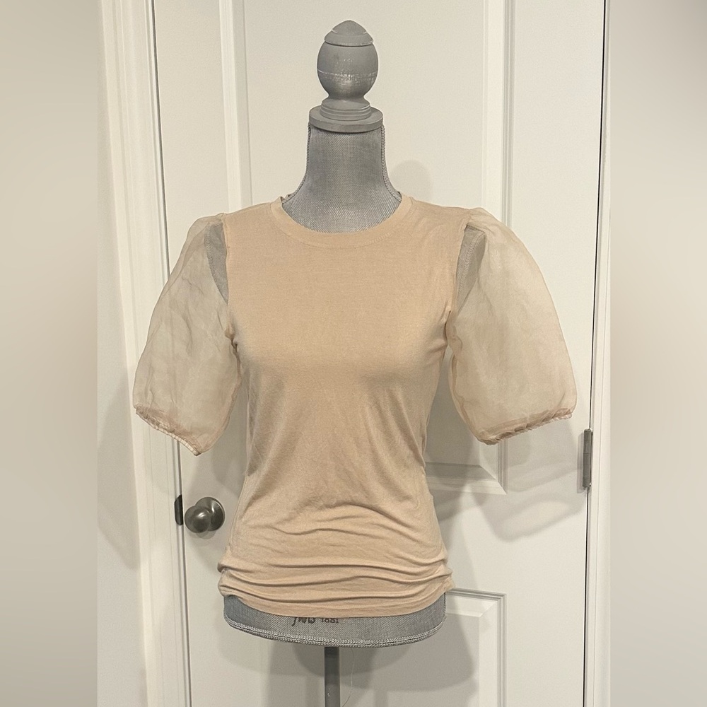Tan Crew Neck Puff Sleeve Blouse